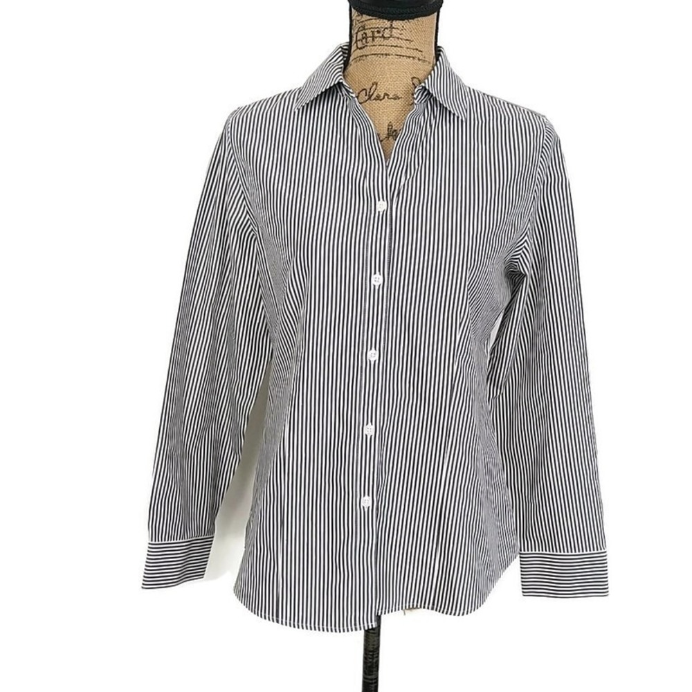 Chicos Stripe‎ Button Up Shirt Long Slv Black White Career Preppy Top sz 0 US S